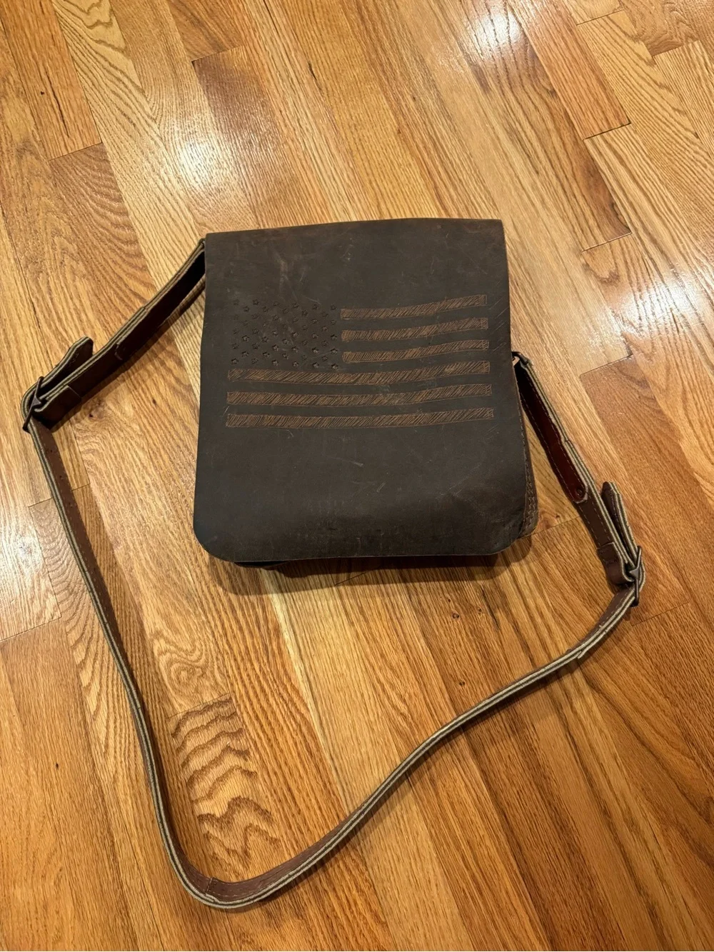Brown Leather Crossbody Messenger Bag with American Flag Accent